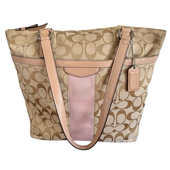 Coach Signature C Jacquard Tan Pink Stripe Tote Purse Shoulder Bag - Picture 1 of 12